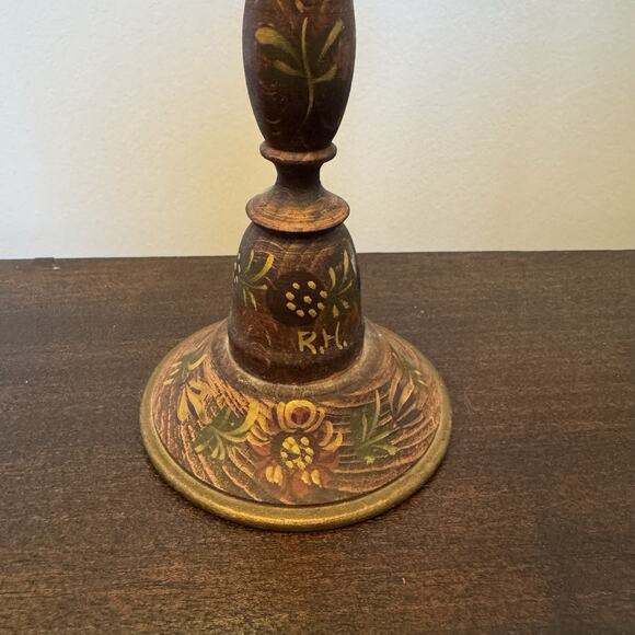 VTG Wooden Candle Stick Holder Hand Painted Floral Signed RH Primitive Folk Art - Picture 2 of 14